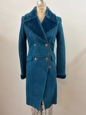 Versace Collection Teal Shearling Leather Coat – FW15/16 – IT Size 40, US Sz 4